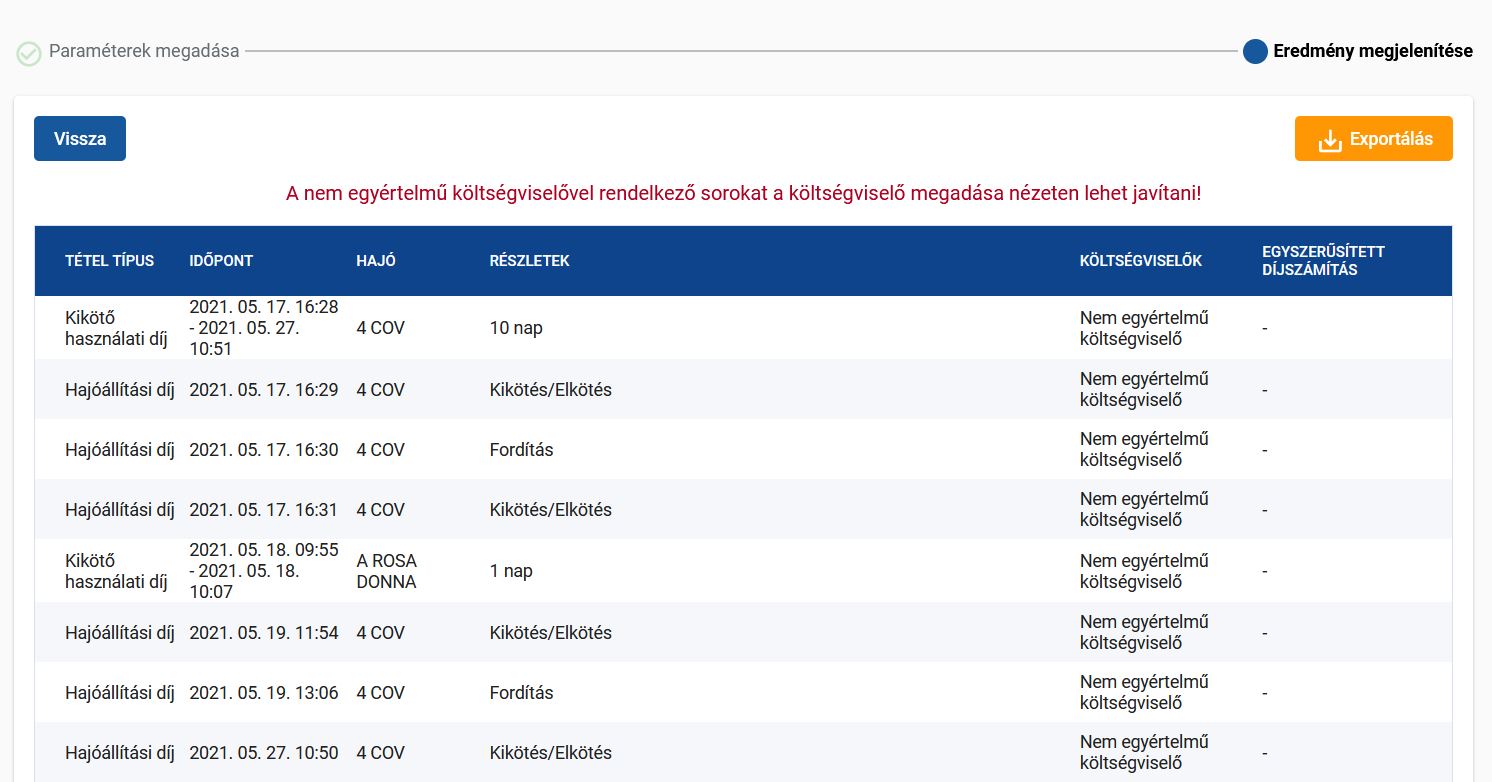 Díjszámítás lekérdezés lista