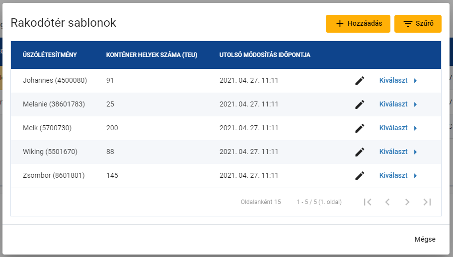 Rakodótér sablon választás
