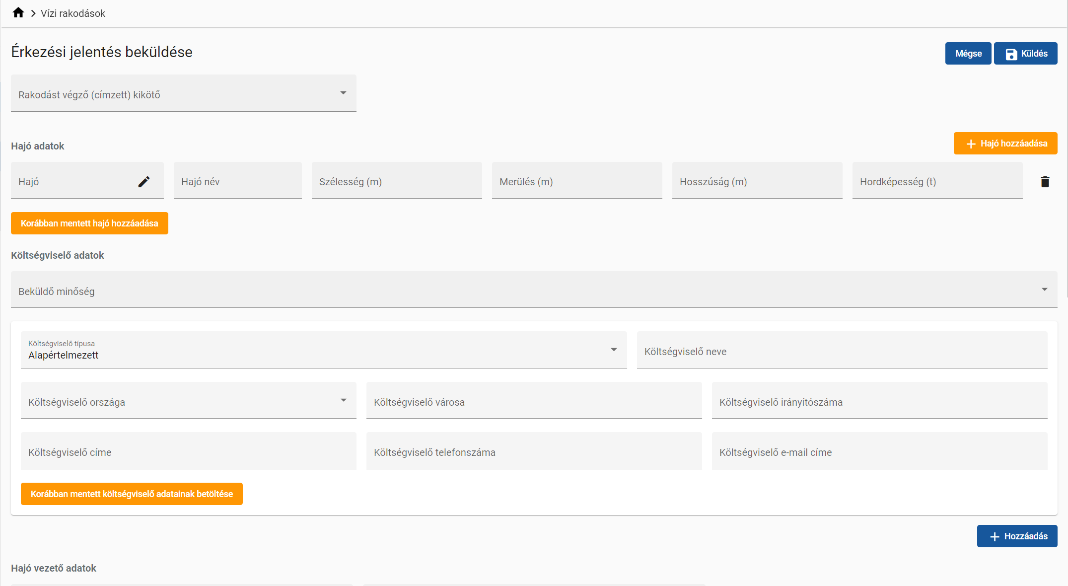 Érkezési jelentés beküldése nézet