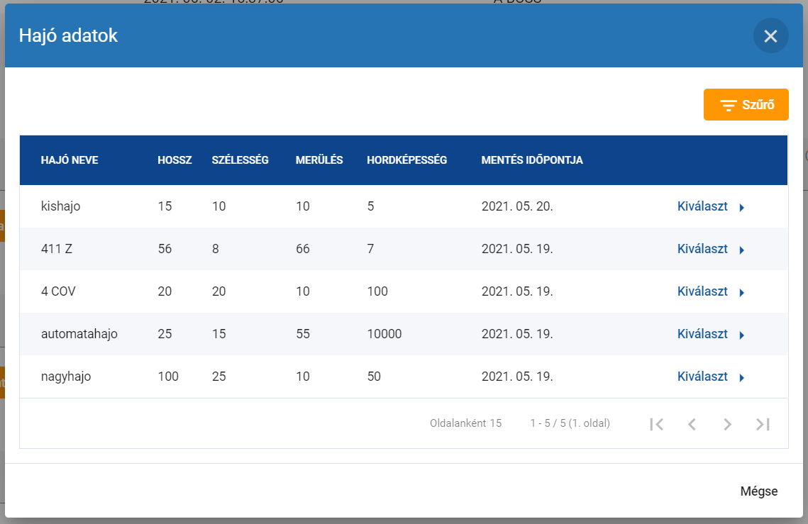 Korábban mentett hajó kiválasztása