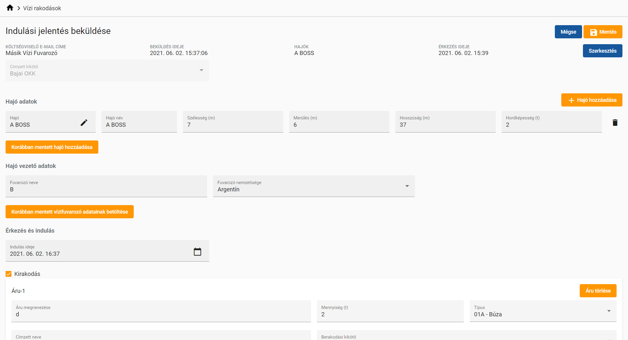 Indulási jelentés beküldése