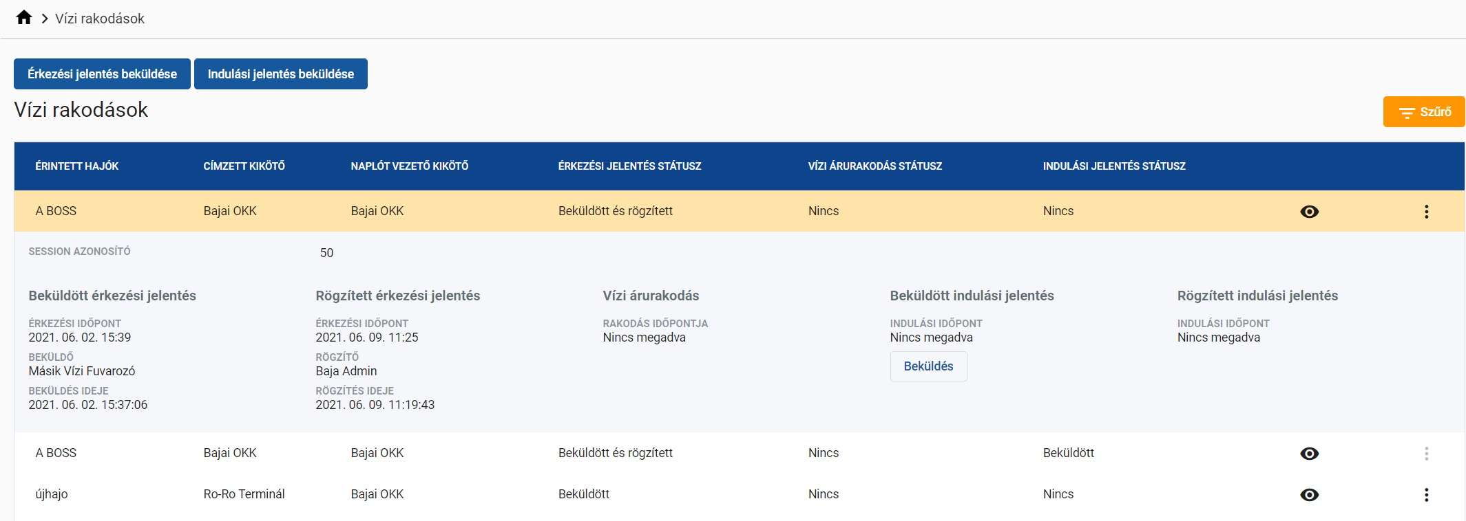 Vízi rakodások lista