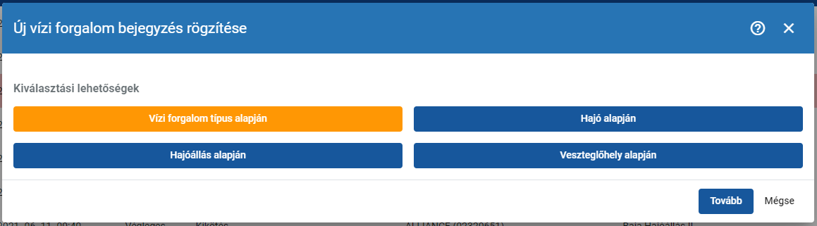 Új vízi forgalom bejegyzés rögzítése
