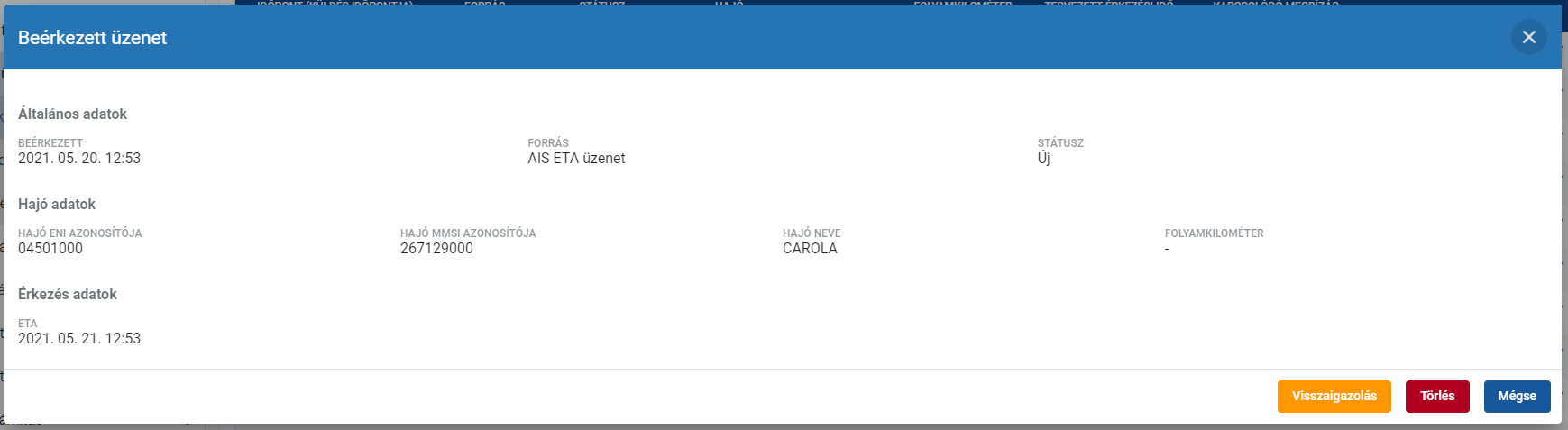 Beérkező üzenet részletes nézet - AIS ETA üzenet