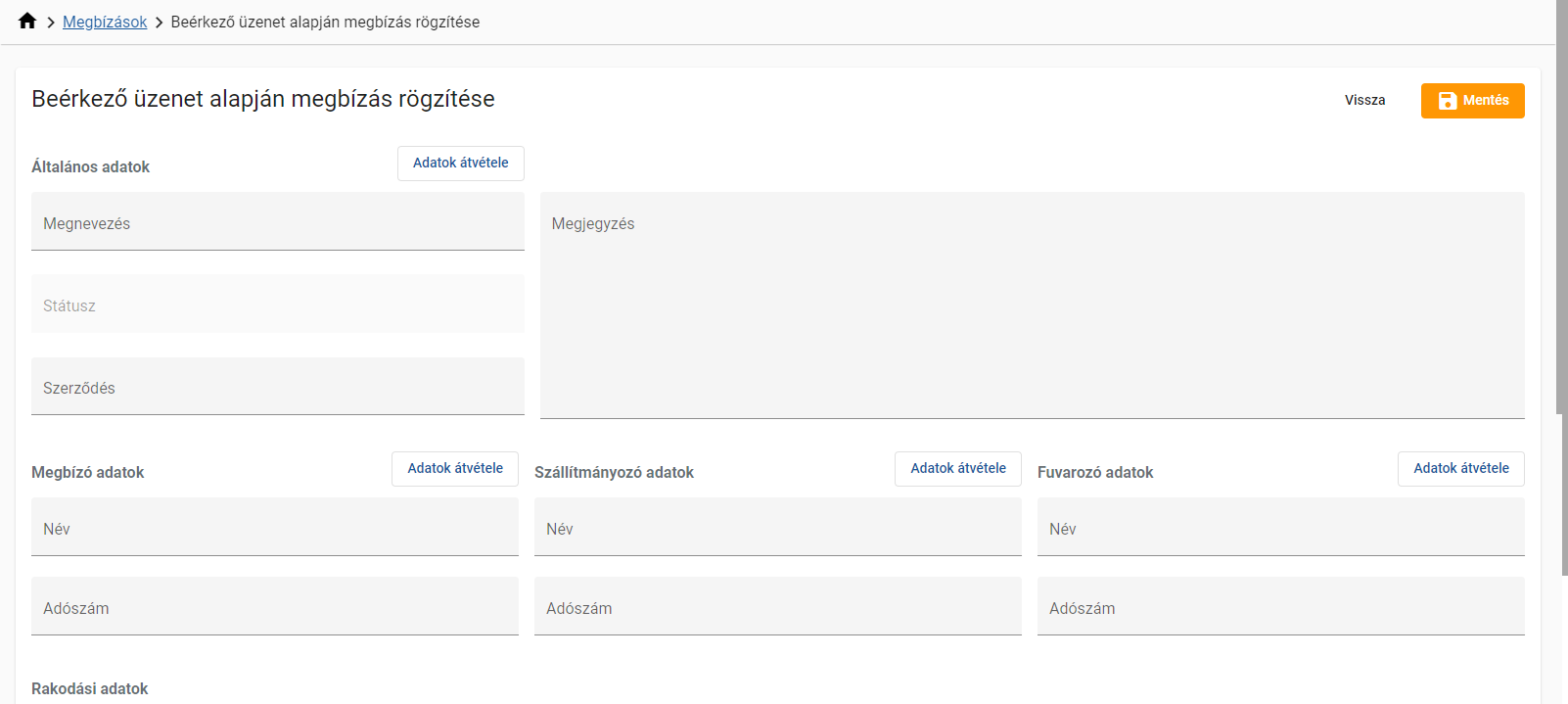 Beérkező üzenet alapján megbízás rögzítése