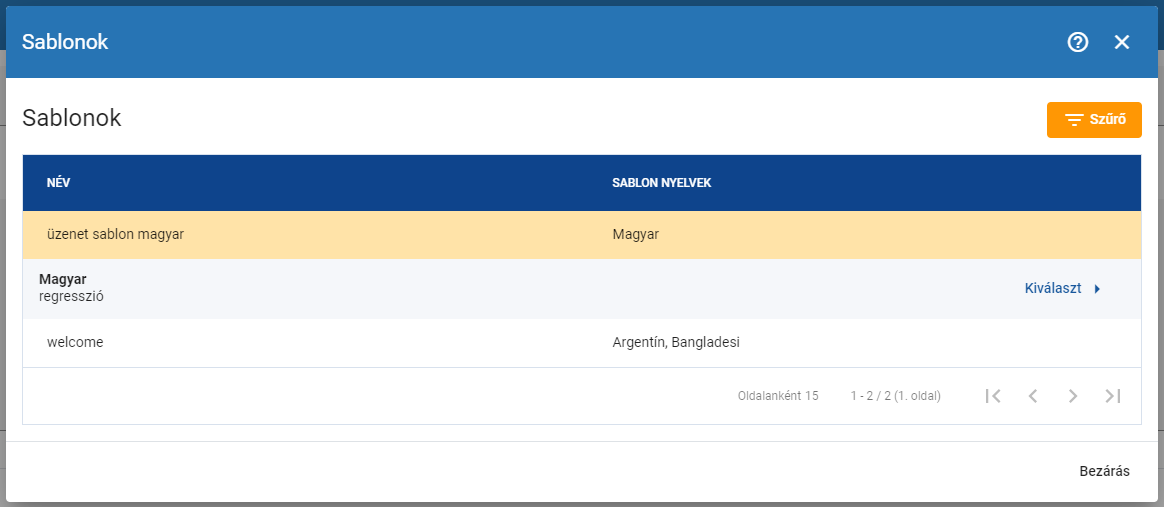 Üzenet sablon lista