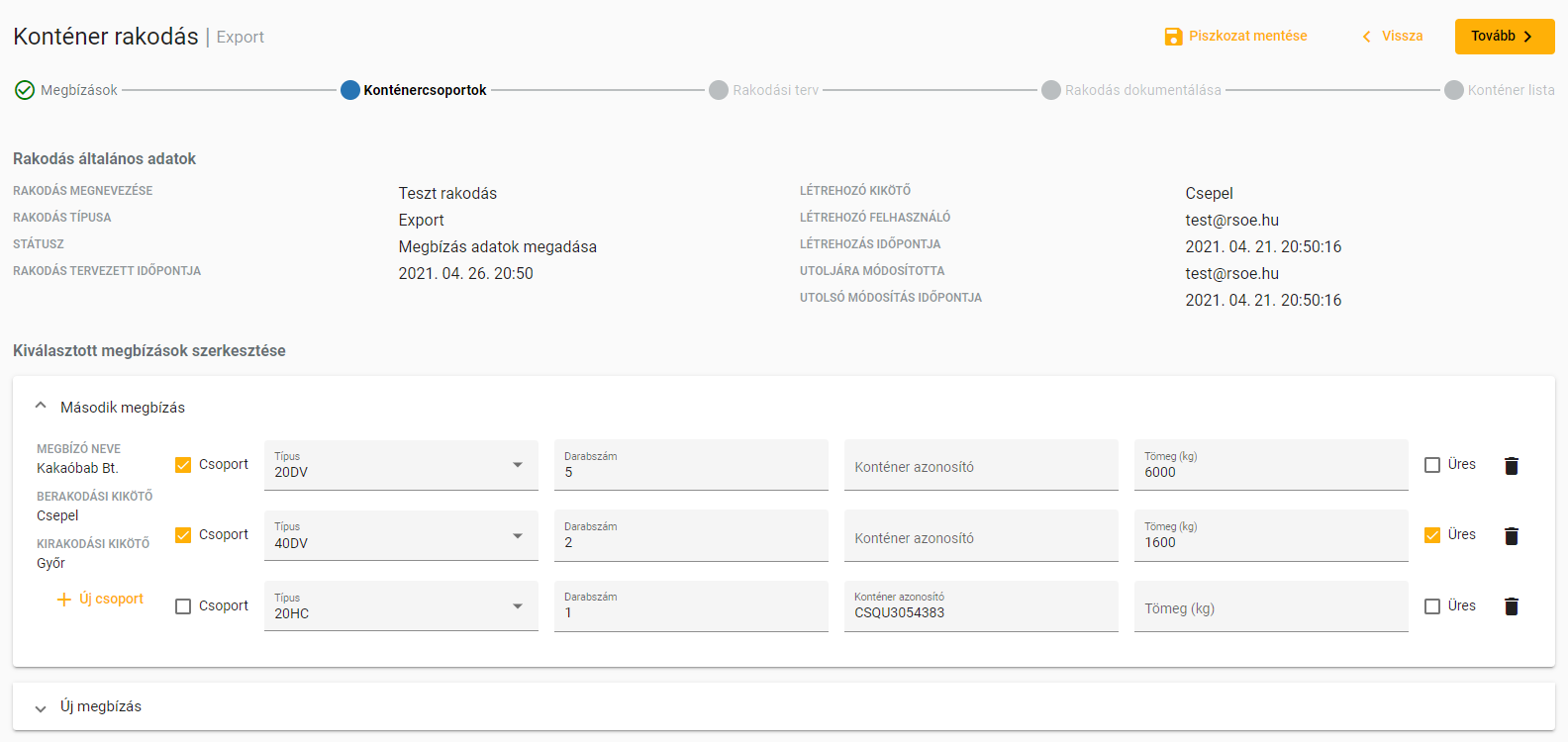 Megbízás adatok megadása