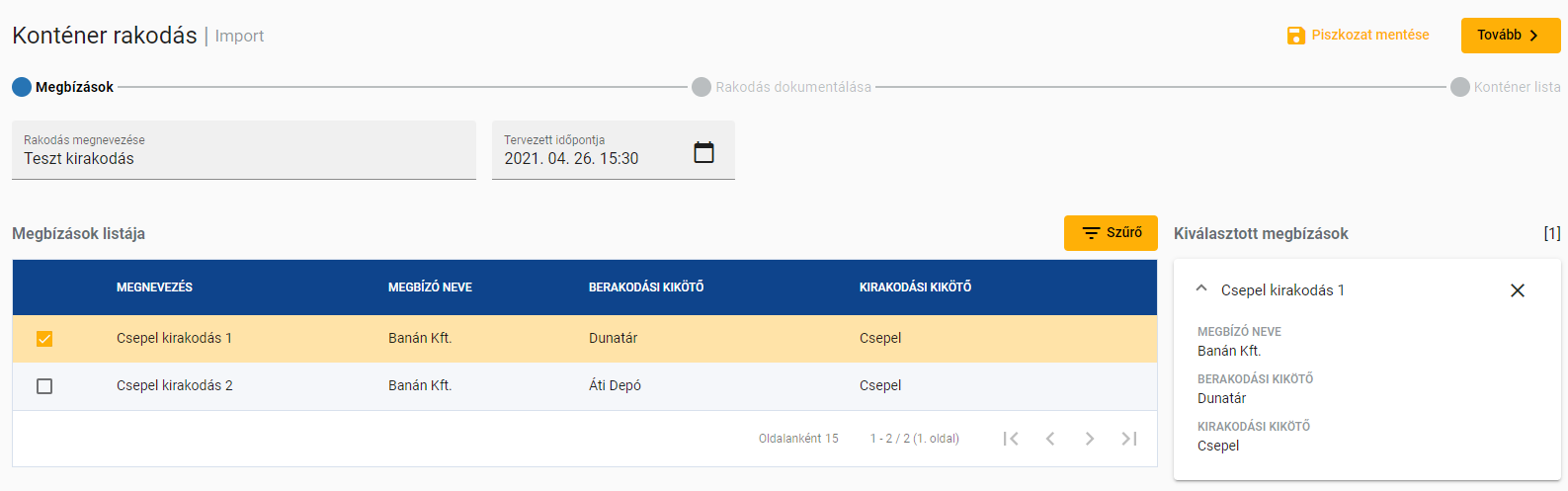 Megbízások kiválasztása