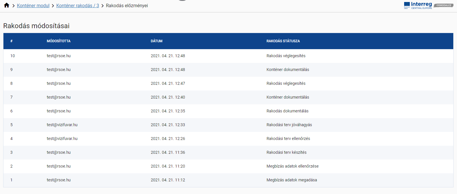 Rakodás előzménye lista