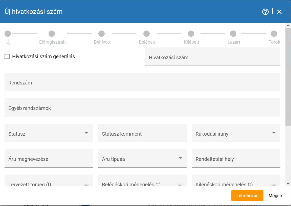 Közúti rakodás hivatkozási szám létrehozása