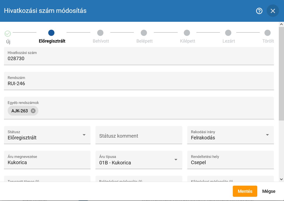 Közúti rakodás hivatkozási szám módosítása