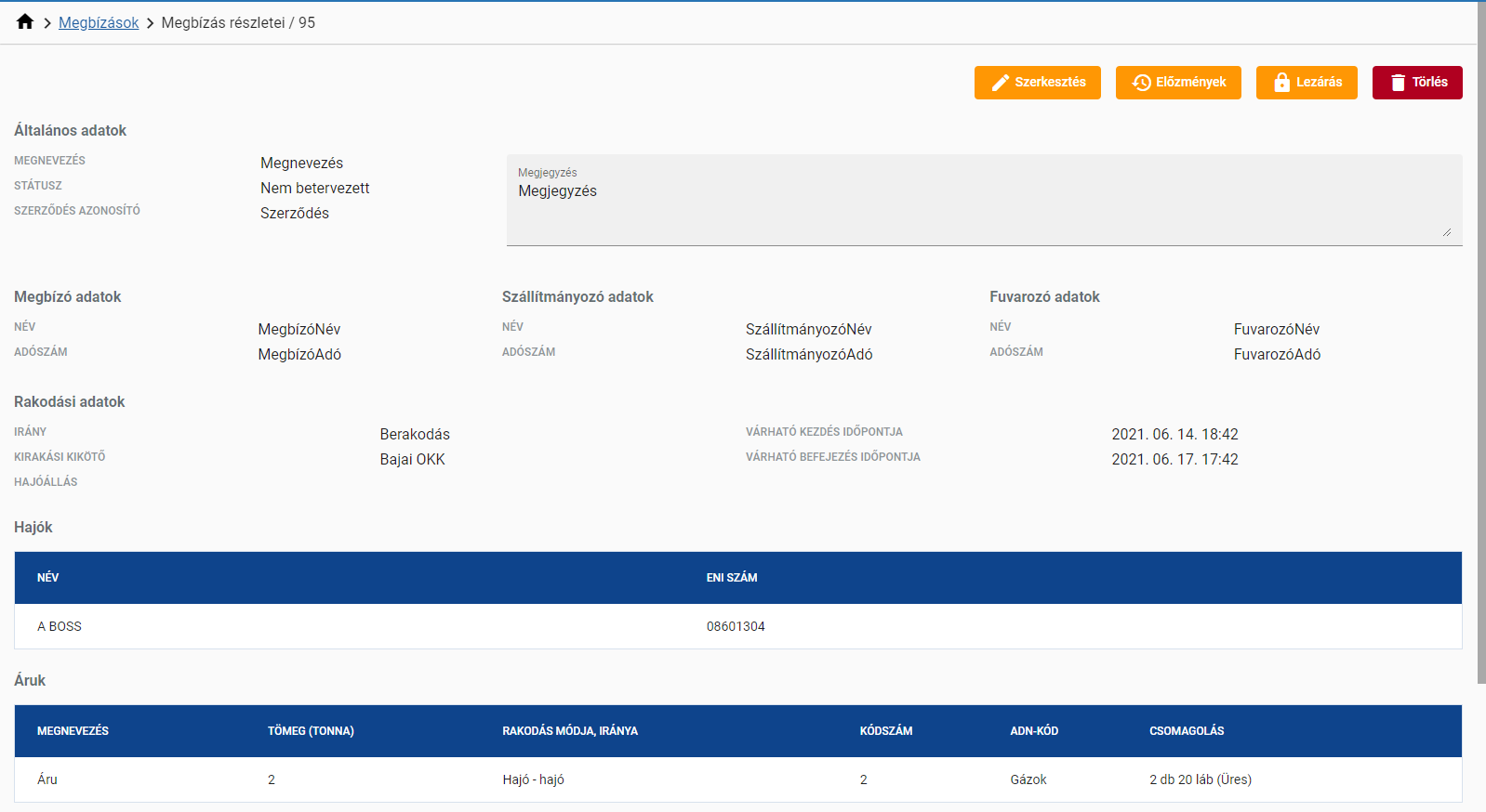 Megbízás részletes nézet