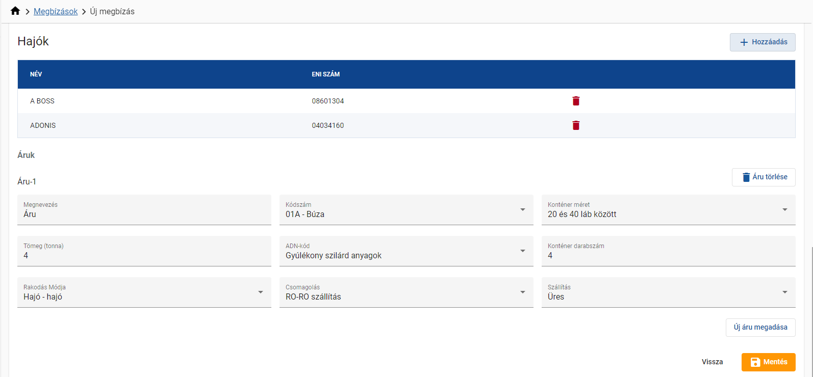 Új megbízás létrehozása - Hajók és Áruk
