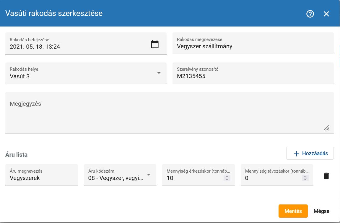 Vasúti rakodás módosítása