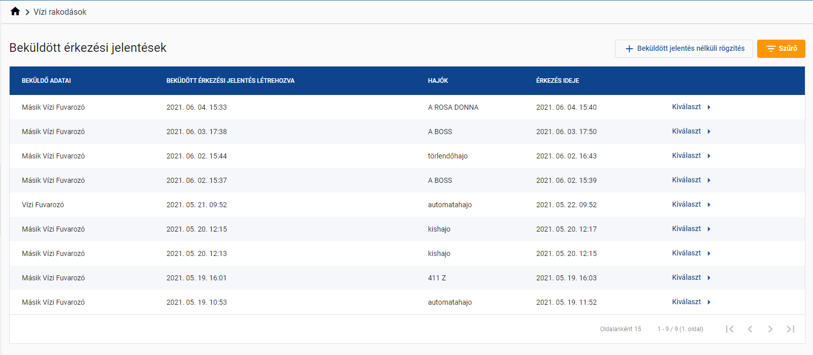 Beküldött érkezési jelentések lista