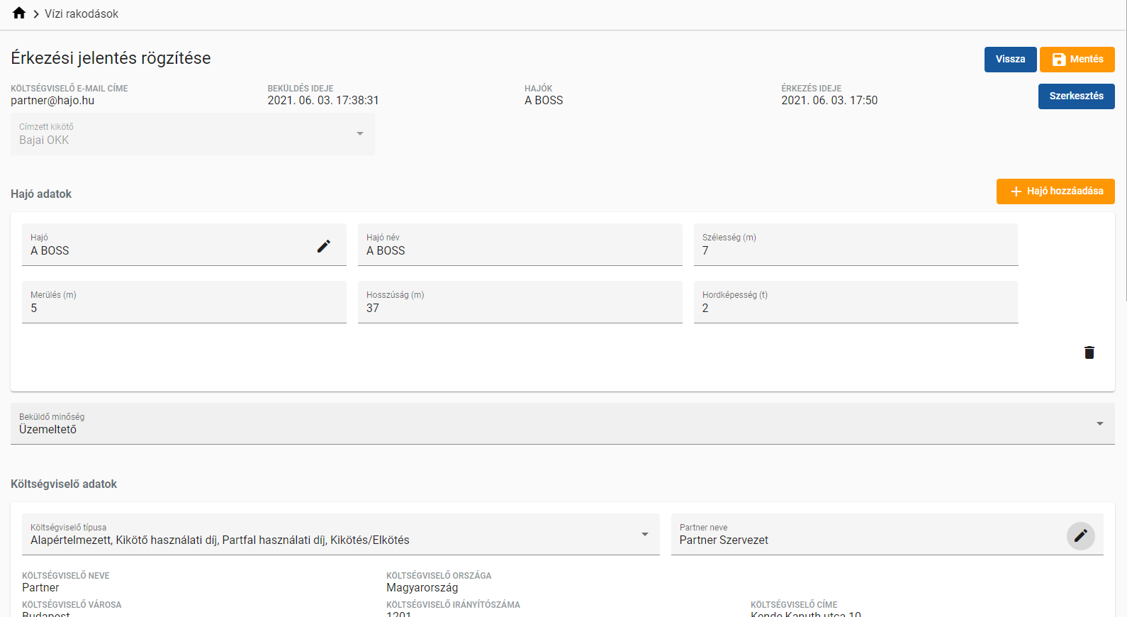 Érkezési jelentés rögzítése