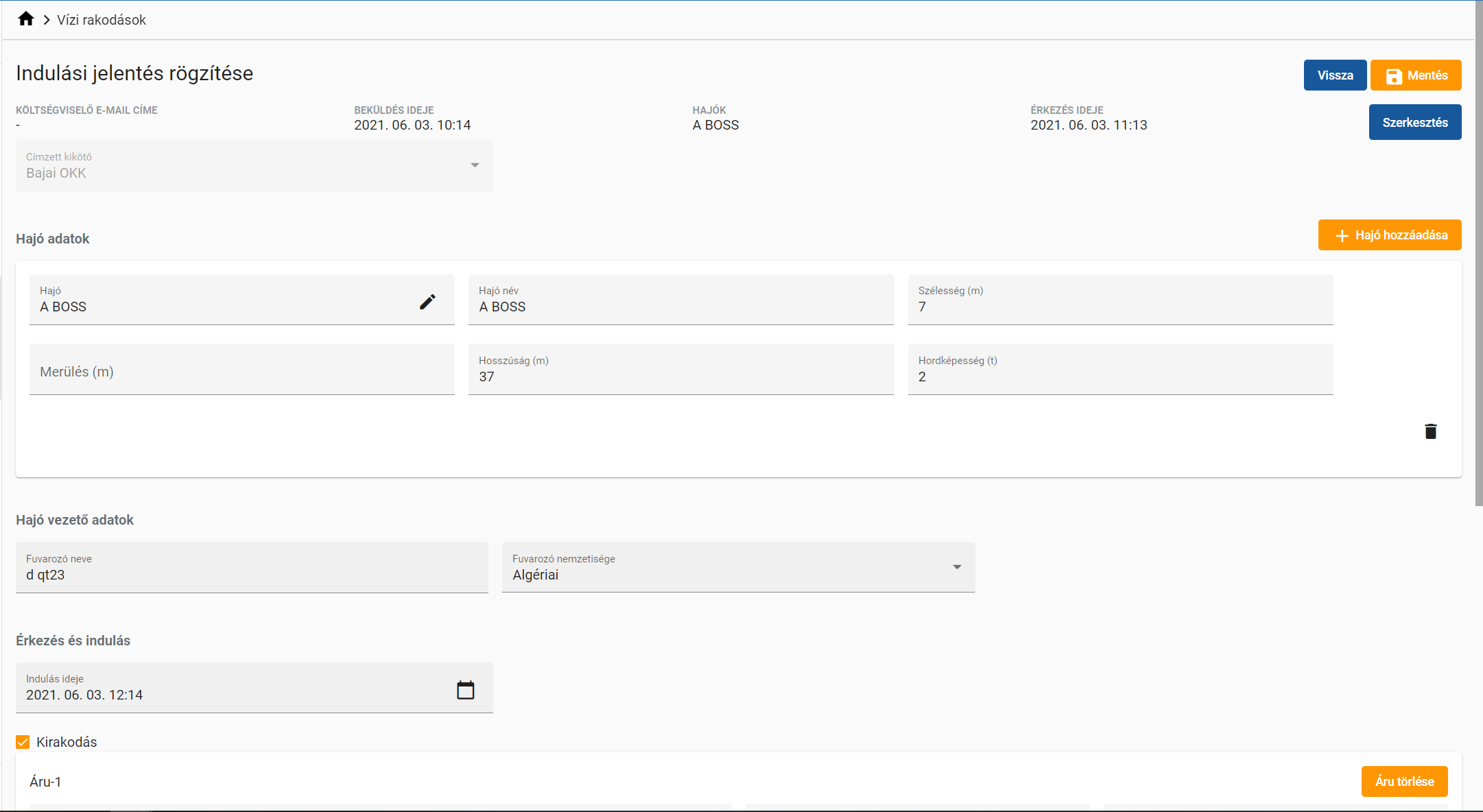 Indulási jelentés rögzítése