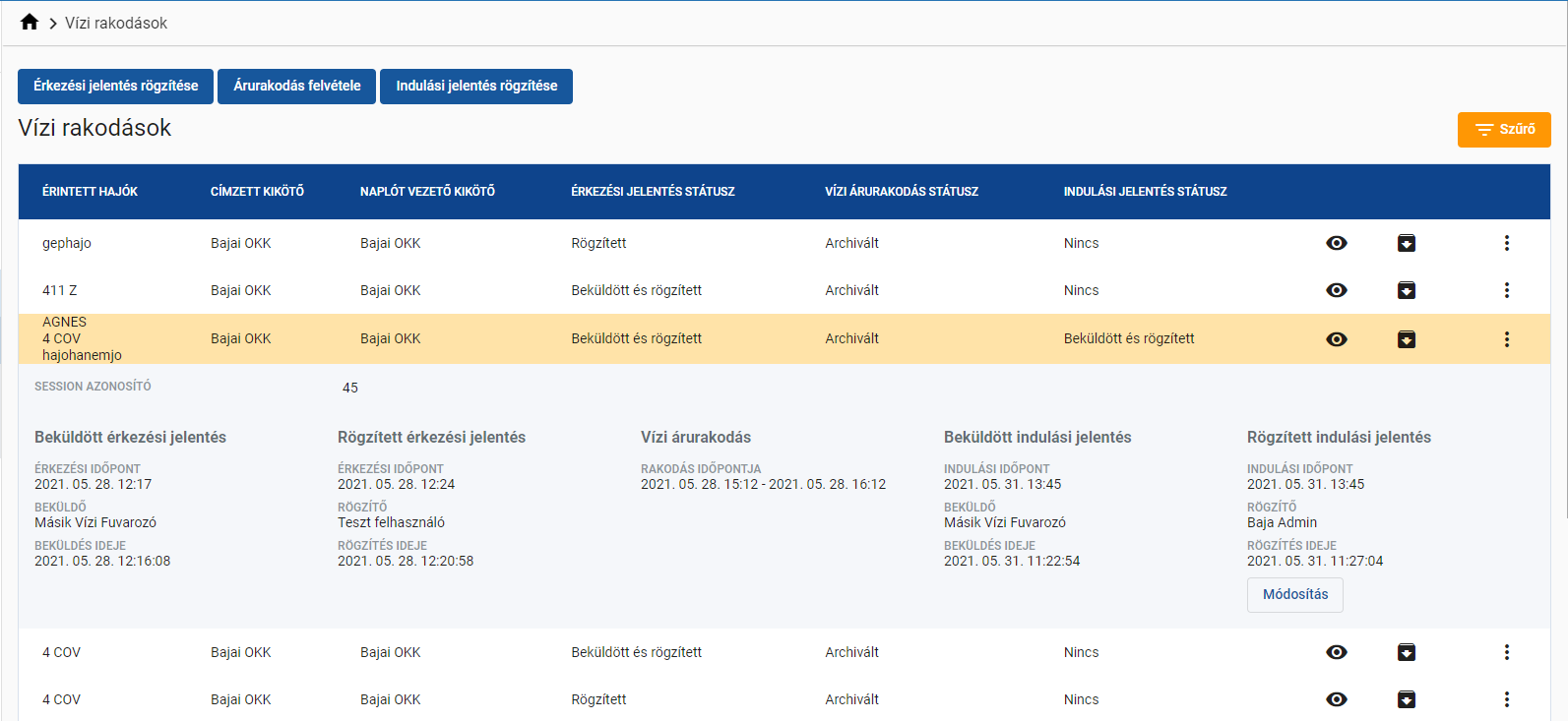 Vízi rakodások lista