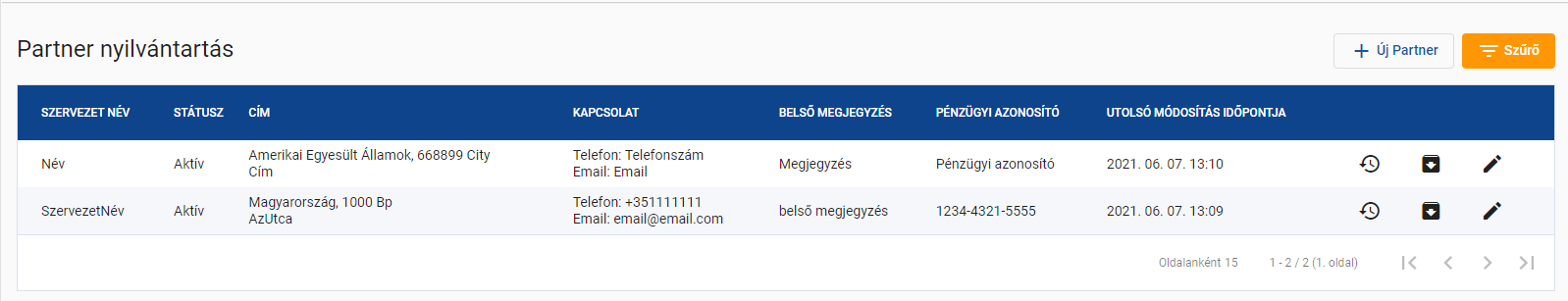 Partner nyilvántartás - Lista nézet